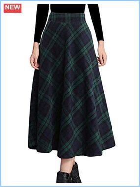 Wool Blend Plaid A-Line Midi Skirt High Waist Pleated Pockets